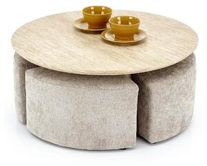 Set masuta cafea si 4 taburete NUGAT, bej cu efect de piatra travertin