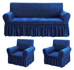 Set huse elastice pentru canapea 3 Locuri si 2 fotolii, cu volanas, model Jacquard Albastru in dungi
