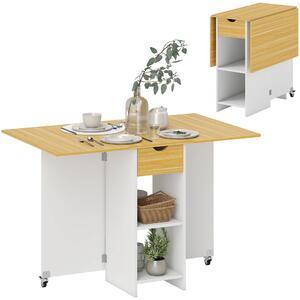 HOMCOM Masă Pliabilă, Masă Rabatabilă pentru 2-4 Persoane cu Sertar, 2 Rafturi și 2 Roți, 114,5x70x75 cm, Stejar | Aosom Romania