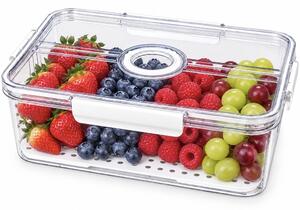 Organizator frigider Pufo cu baza perforata si capac cu glisor, 32.5 x 22.5 x 11 cm – cutie pentru depozitarea fructelor, legumelor si alimentelor alb