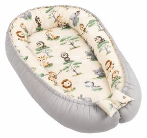 Cosulet patut bebe tip baby nest din bumbac 90x50 cm, cu doua fete Kidizi Baby Animals, bej, lavabil la masina automata