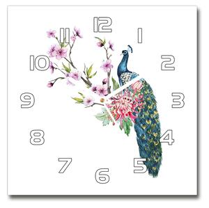 Ceas din sticlă pătrat Peacock și flori