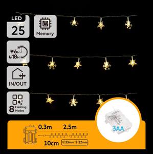 Aigostar - Ghirlandă LED de exterior pentru Crăciun, 25 LED, 8 moduri, alimentare 3xAA, 2,5 m, IP44, alb cald, stele