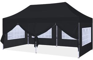 ABCCANOPY – Cort pavilion pliabil 6x3 m, înălțime reglabilă 3 trepte, pereți cu ferestre transparente, impermeabil, Negru
