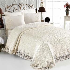 Set Lenjerie + Cuvertura de lux Matlasata cu broderie Eleganta 6 piese Maro deschis