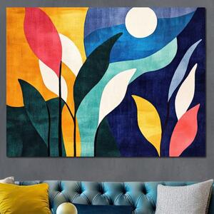 Tablou Canvas Premium, LuxCanva® J1009, Sub Lumina Lunii, Noapte, Tropicala, Gradina, Culori, Albastru, Ecosistem, Cromatic, Peisaj, Luna, Soare, Living, Dormitor