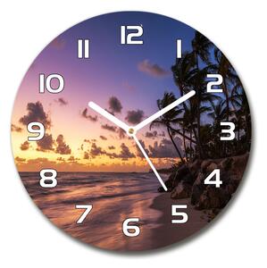 Ceas rotund de perete din sticlă Apus de soare pe plaja