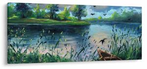 Tablou- Pictură în ulei, seară de vară lângă lac (120x50 cm)