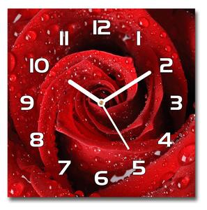 Ceas de sticlă pe perete pătrat Picaturi pe un trandafir