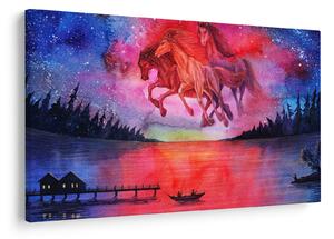 Tablou - Apariția cailor spațiali peste lac, acuarelă (90x60 cm)