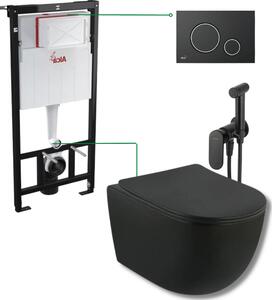 Set vas wc suspendat rimless negru mat cu capac soft close, baterie bideu, rezervor incastrat si clapeta Alca