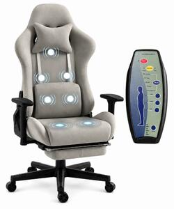 RESIGILAT- Scaun Gaming cu Masaj 7 Puncte și Încălzire, Telecomanda, Cotiere 3D, Reclinare 180°, Suport Picioare, Catifea, Gri