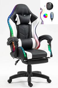 RESIGILAT- Scaun gaming, Masaj in 7 puncte, sistem iluminare bandă LED RGB, boxe bluetooth, funcție șezlong, 90-150 grade, suport picioare, Negru/Alb