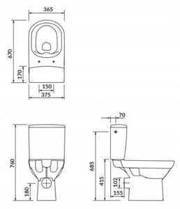 Cersanit CITY - WC combi + scaun antibacterian cu funcție de închidere lentă, deșeuri orizontale, alimentare cu apă de jos, K35-038