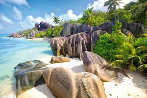 Fototapetă vlies plajă cu nisip, seychelles 375 x 250 cm