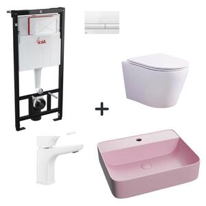 Set vas wc rimless cu capac soft close, lavoar baie roz mat, baterie si rezervor wc cu clapeta alb lucios