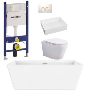 Set cada freestanding, lavoar cu ventil, vas wc rimless cu capac soft close, rezervor incastrat cu clapeta