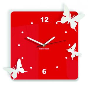 Ceas de perete modern din plastic - Fluturi, Culoare: roșu, alb, Dimensiune: 30x30 cm