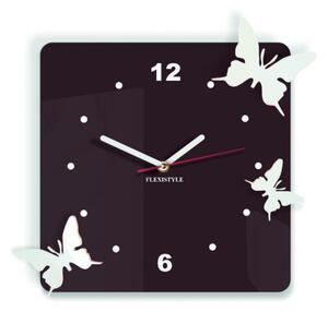 Ceas de perete modern din plastic - Fluturi, Culoare: maro închis, alb, Dimensiune: 30x30 cm