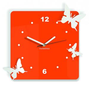 Ceas de perete modern din plastic - Fluturi, Culoare: portocaliu, alb, Dimensiune: 30x30 cm