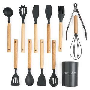 Set ustensile bucatarie 12 piese, marime mica xs 500g, lemn si silicon alimentar, termorezistente, antiaderente, suport blat, onuvio® daria mini - gri