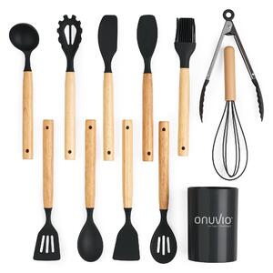 Set ustensile bucatarie 12 piese, marime mica xs 500g, lemn si silicon alimentar, termorezistente, antiaderente, suport blat, onuvio® daria mini - negru