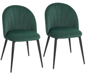 HOMCOM Set de 2 Scaune de Sufragerie din Catifea, Scaune Bucătărie cu Spătar Curbat în Formă de Scoică, Picioare din Metal, Stil Nordic, Scaun Tapițat pentru Bucătărie, Dormitor, Cameră de Zi, Verde Închis | Aosom Romania