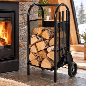 Suport depozitare lemne, 3 accesorii metalice, roti transport, 83x35x30 cm