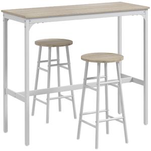 HOMCOM Set masă înaltă de bar + 2 scaune cu structură din oțel și blat cu aspect de lemn natural, pentru 2 persoane, alb | Aosom Romania