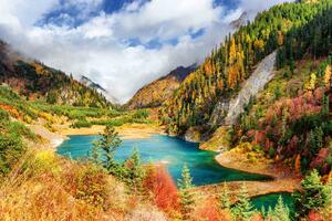 Fototapetă vlies peisaj de toamnă cu lac 375 x 250 cm