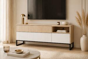 Comodă TV Bliwon 148 cm cu sertare - herringbone scandi/alb mat
