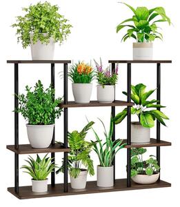 KONDELA Suport pentru flori metalic, negru/lemn rustic, LEDER