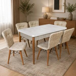 Set masa extensibila cu 6 scaune tapitate Homs cristal alb-bej 170 x 80 cm