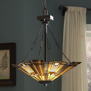 QUOIZEL Lampă susp. Inglenook cu sticlă colorată, L 45cm, reglabil, Bronz / Alamă Veche, Camera de zi / sufragerie, Metal, Tiffany