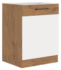KONDELA Cabinet inferior, alb extra lucios HG/stejar Lancelot, VEGA D60 1F BB