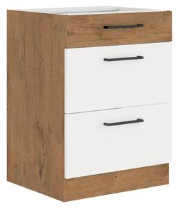 KONDELA Cabinet inferior, alb extra lucios HG/stejar Lancelot, VEGA D60 3S BB