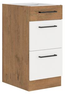 KONDELA Cabinet inferior, alb extra lucios HG/stejar Lancelot, VEGA D40 3S BB