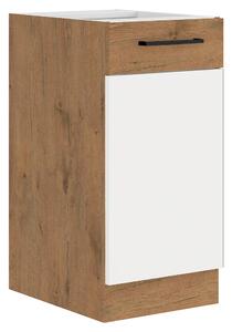 KONDELA Cabinet inferior, alb extra lucios HG/stejar Lancelot, VEGA D40 1F BB