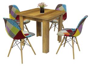 Set Masă fixă Pătrată Vero Nuc cu 4 Scaune Zora Patchwork