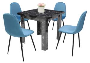 Set Masă fixă Pătrată Vero Negru Marmorat cu 4 Scaune Rya Albastru Deschis