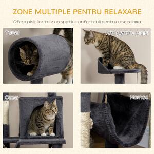 Ansamblu pentru pisici de interior din plus si sisal cu stalpi pentru zgariat, Casa, hamac, 48x48x125cm gri PawHut | Aosom RO