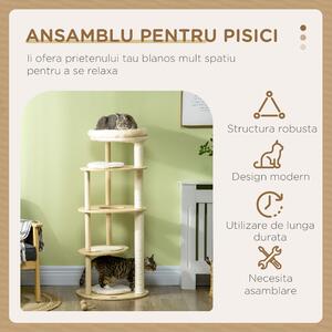 PawHut Ansamblu Multifuncțional pentru Pisici din PAL și Lemn cu Stâlp de Zgâriat din Sisal, Pat de Pluș, Ø54x123.5 cm, Stejar | Aosom Romania