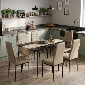 Set masă extensibilă Lisabona Negru Marmorat cu 6 Scaune Oscar Maro Deschis Piele Ecologică