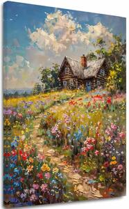 Tablou canvas Căsuță într-un câmp de flori | finisată de mâna artistului - 40x60 cm