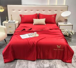 Set lenjerie de pat DUBLU, cu tiv ELEGANT si BRODERIE, din MATASE Eco, cu 4 PIESE si PILOTA vara inclusa (cod SM-14)