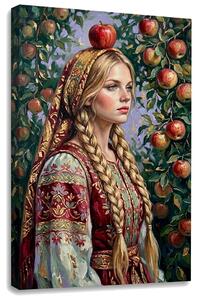 Tablou cu femeie în costum popular cu măr pe pânză – cu detalii pictate manual - 40x60 cm