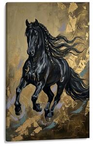 Tablou cu cal negru în galop pe pânză – cu detalii pictate manual - 40x60 cm