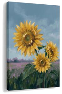 Tablou cu trei floarea-soarelui pe câmp – cu detalii pictate manual - 40x60 cm