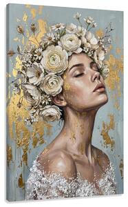 Tablou cu femeie cu coroană florală pe pânză – cu detalii pictate manual - 40x60 cm