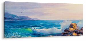 Tablou - Valuri lovind stânci, pictură în ulei (120x50 cm)